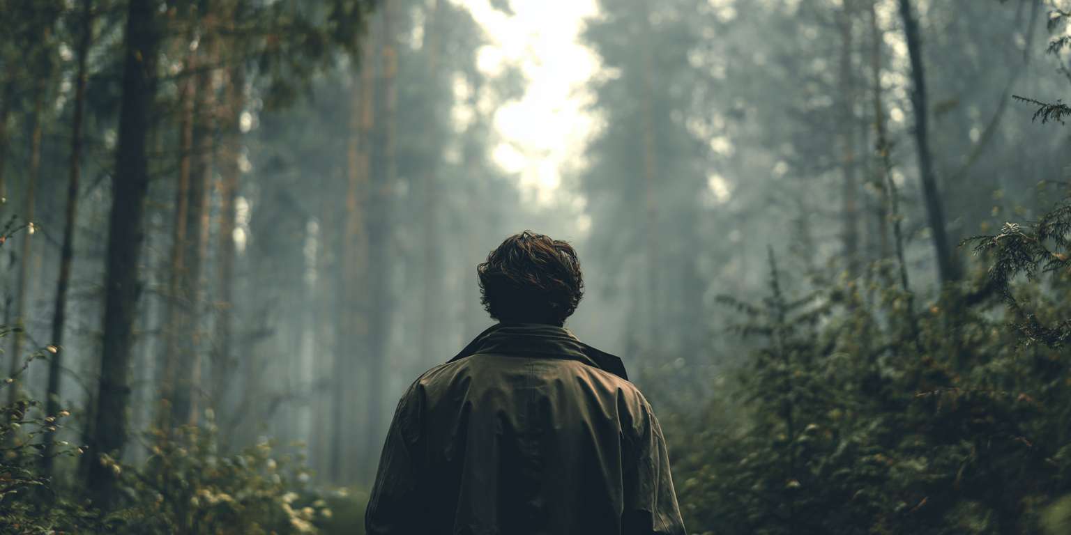 mężczyzna wędrujący przez las